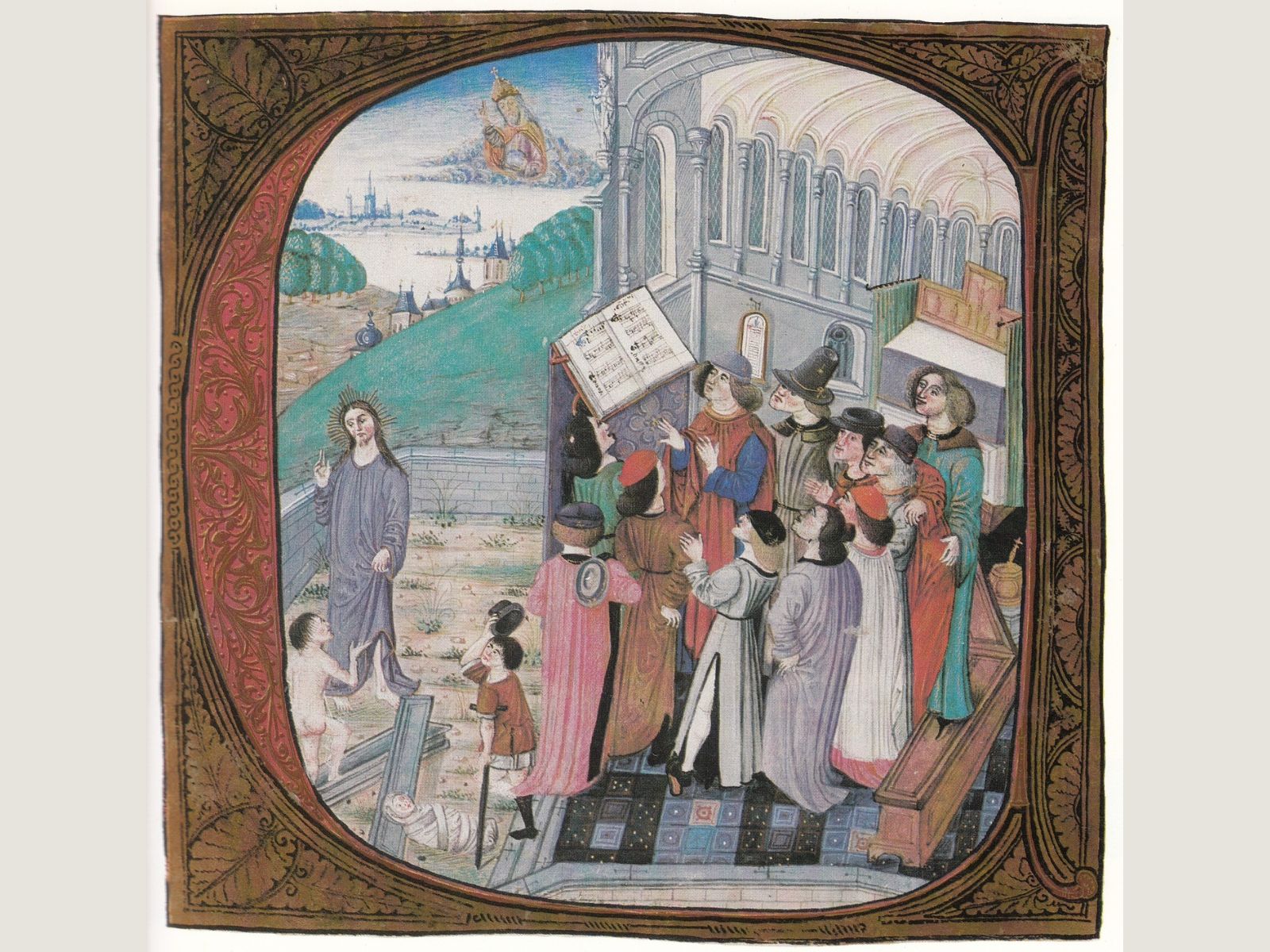 „C” iniciálé. Húsvét utáni 4. vasárnap. (A test feltámasztása) Mátyás-Graduale, 1480 körül.